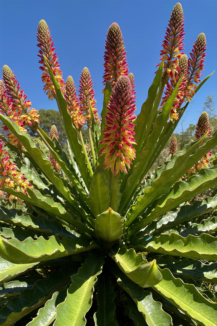 Healthy leucadendron plant with colorful cone-shaped flowers in a sunny garden. 