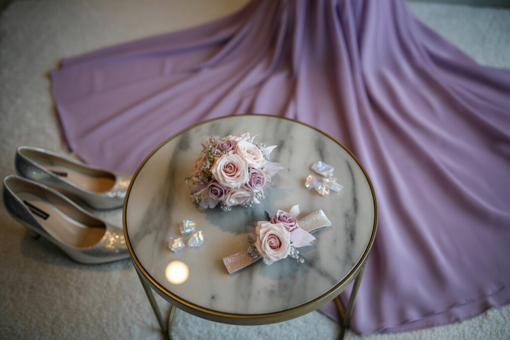 Flat lay of prom flowers, wrist corsage, and boutonniere arranged around a pastel-colored prom dress with soft lighting and elegant touches.