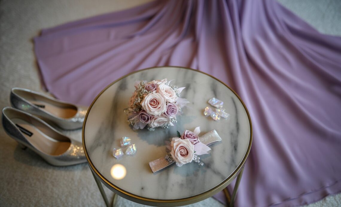 Prom flowers matching dress colors: navy dress with white orchids and red dress with blush peonies arranged artistically beside them.