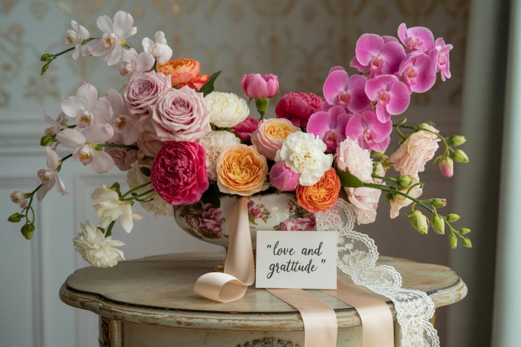 Collection of prom flowers including roses, carnations, peonies, and orchids arranged with ribbons and lace on a wooden table.