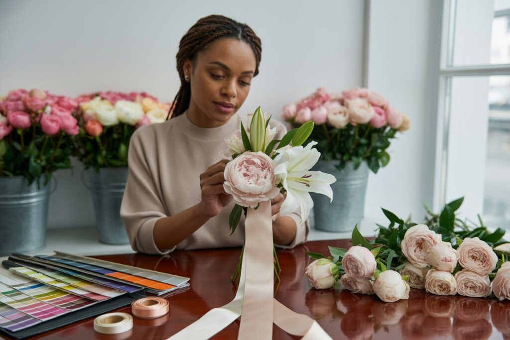 Florist arranging custom prom flowers with lilies, roses, and peonies, color swatches and ribbons nearby.