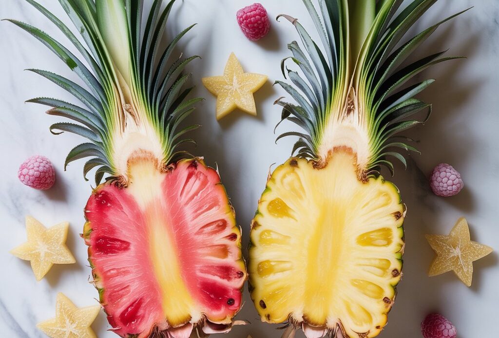 Pink and yellow pineapples side by side, sliced open