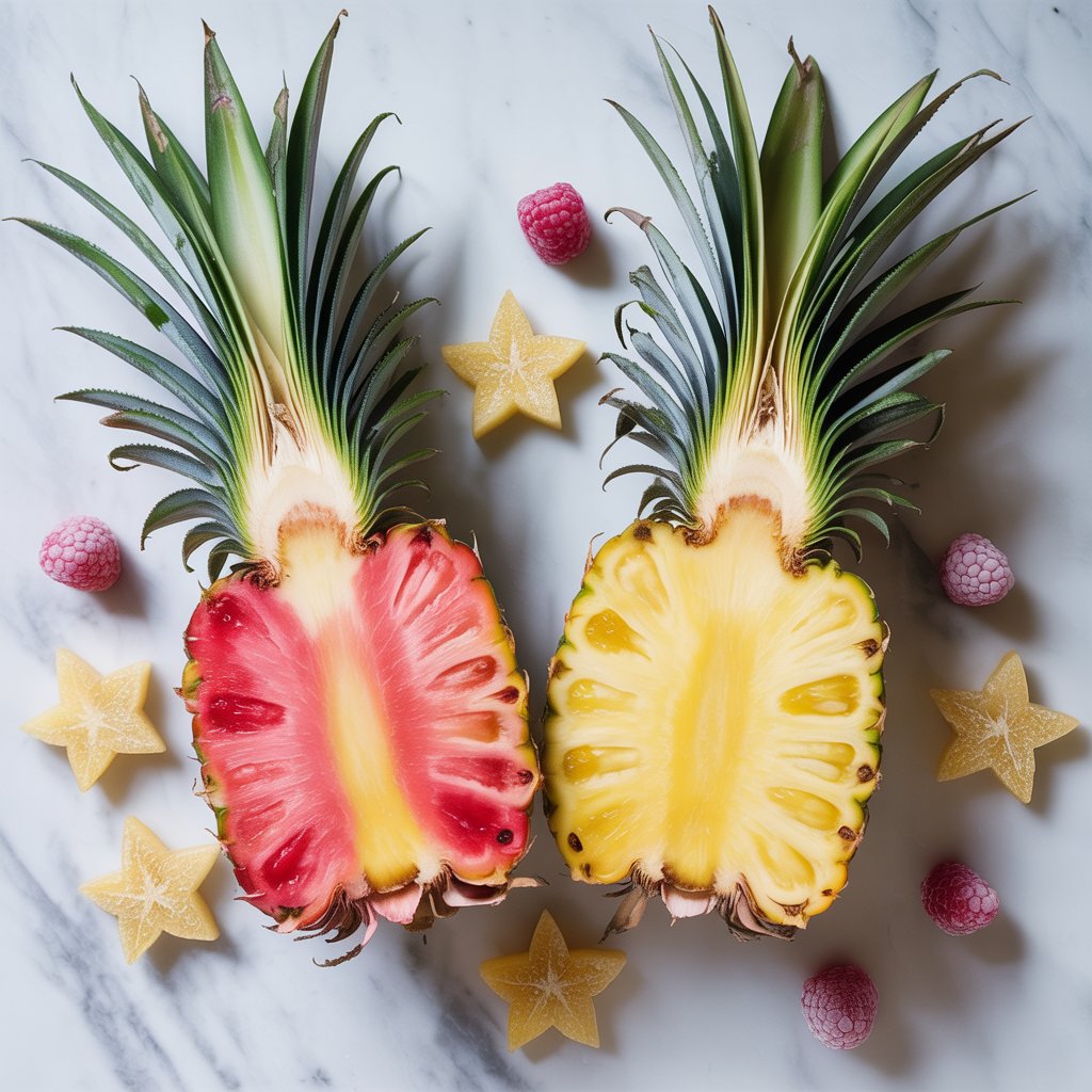 Pink and yellow pineapples side by side, sliced open