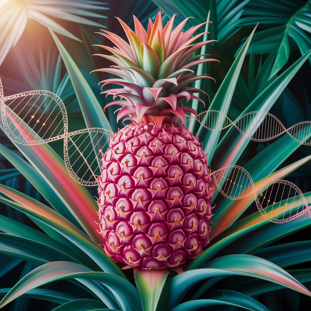 Pink pineapple in a tropical field with DNA overlay