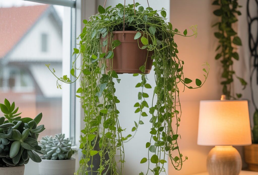 Rosary vine string of hearts growing indoors in a hanging planter near a window.