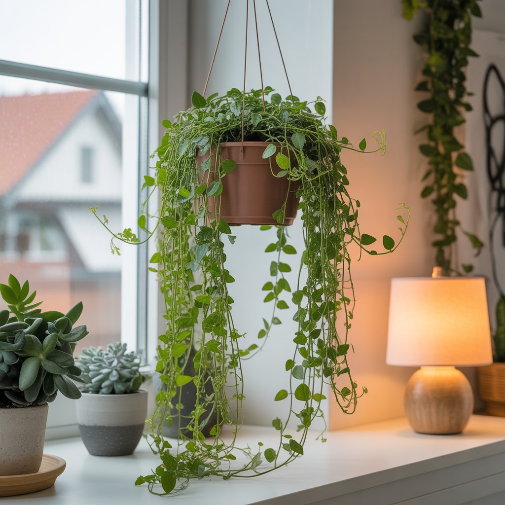 Rosary vine string of hearts growing indoors in a hanging planter near a window.