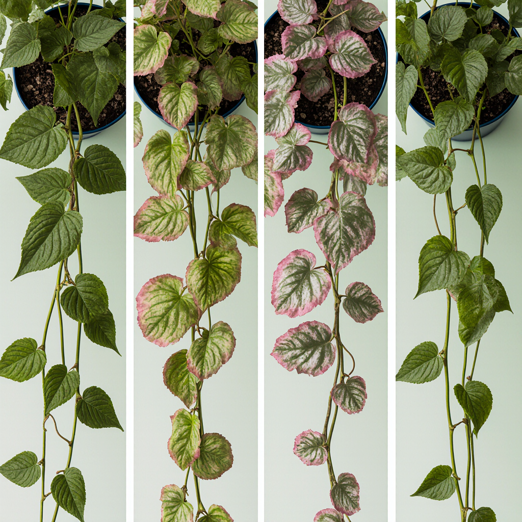 Varieties of rosary vine including variegated, silver glory, and string of spades in small planters.