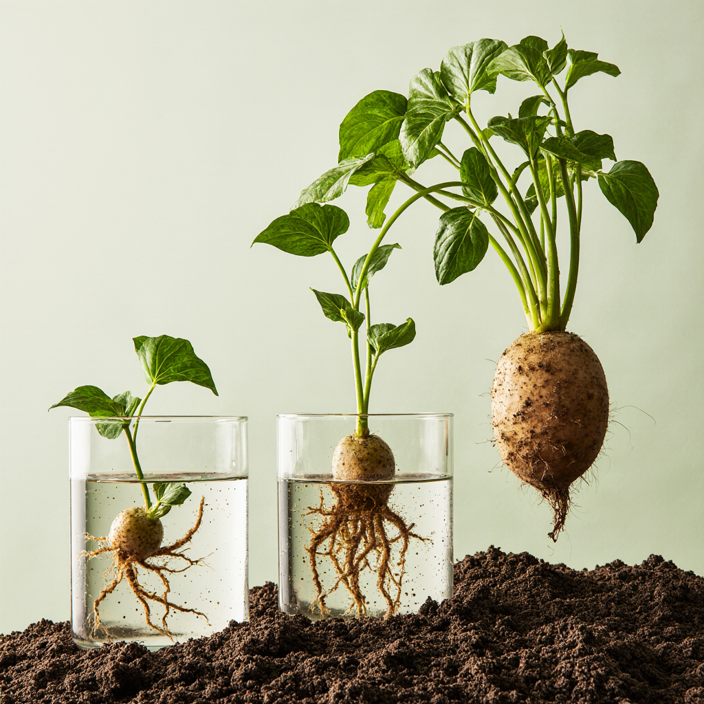 Rosary vine propagation methods showing cuttings in water and soil and tuber sprouting.