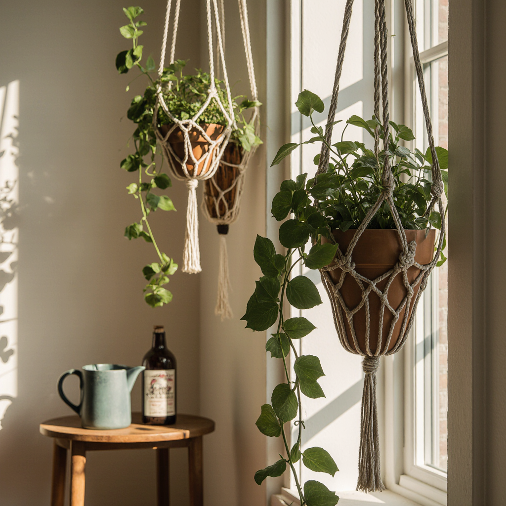 Rosary vines hanging in macramé planters indoors with care tools nearby.