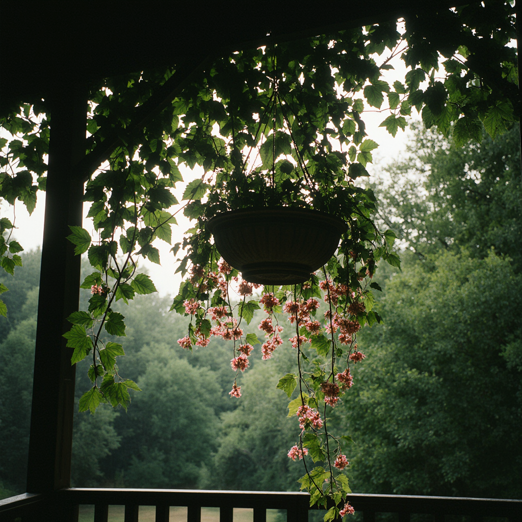 Rosary vine growing outdoors in a shaded hanging basket on a balcony.