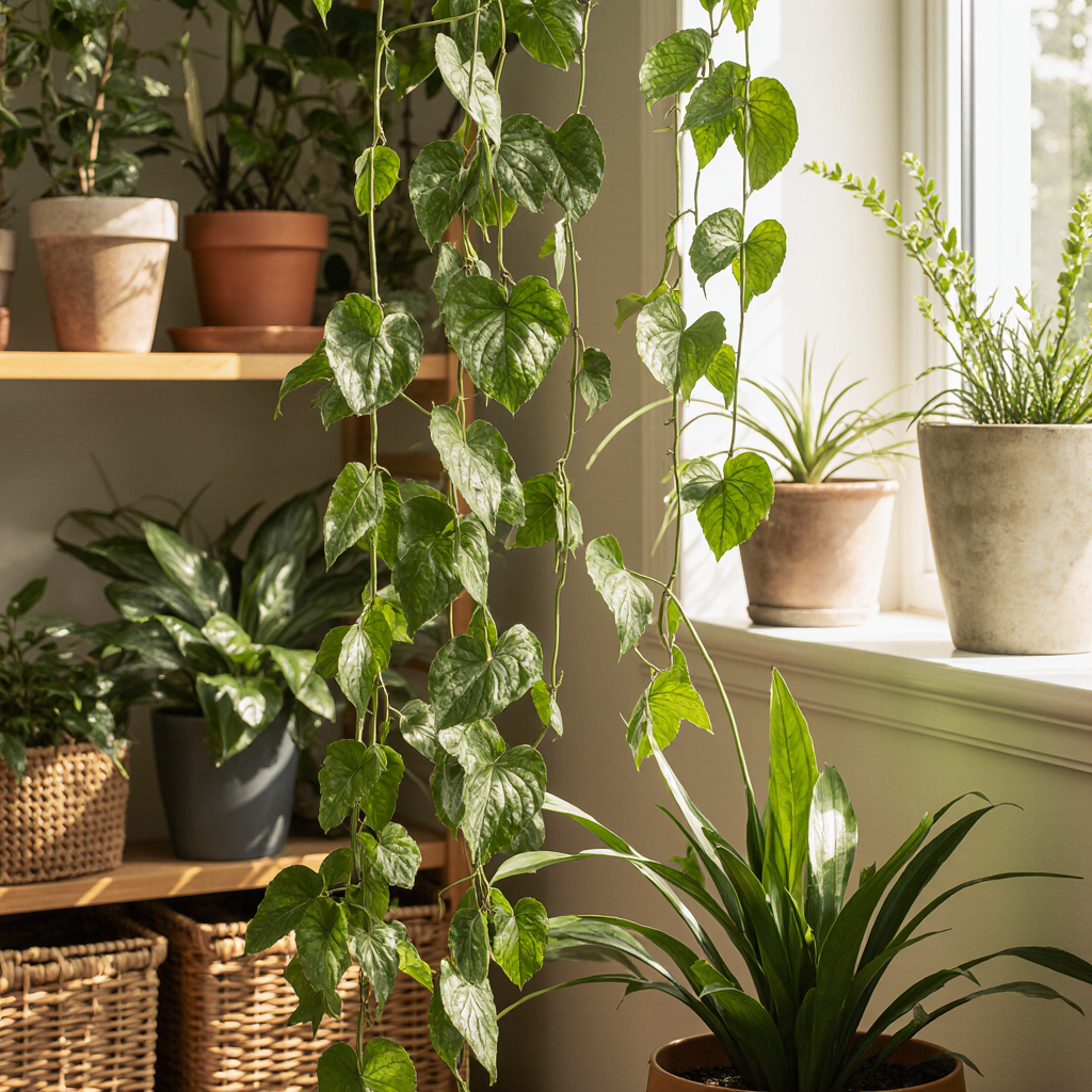 A thriving rosary vine among other indoor plants in a cozy, light-filled space.