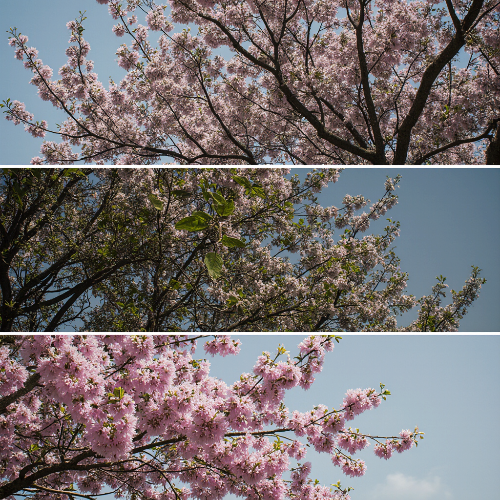 Eastern Redbud, Cherry Blossom, and Crape Myrtle trees blooming with pink flowers.