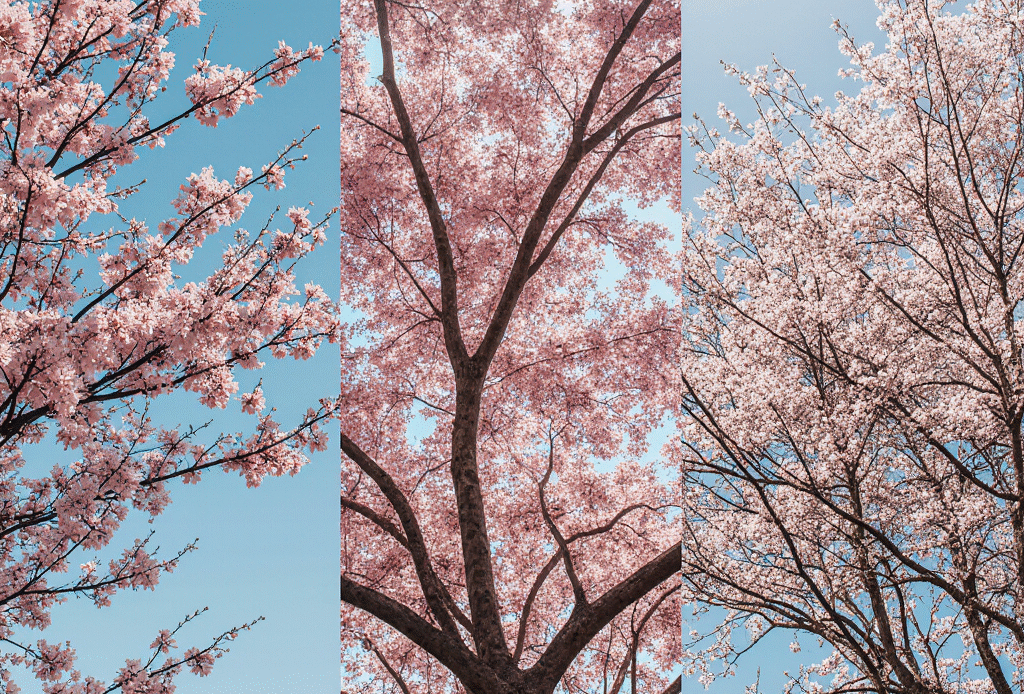 Collage of pink flowering trees including cherry blossom, redbud, and crape myrtle.