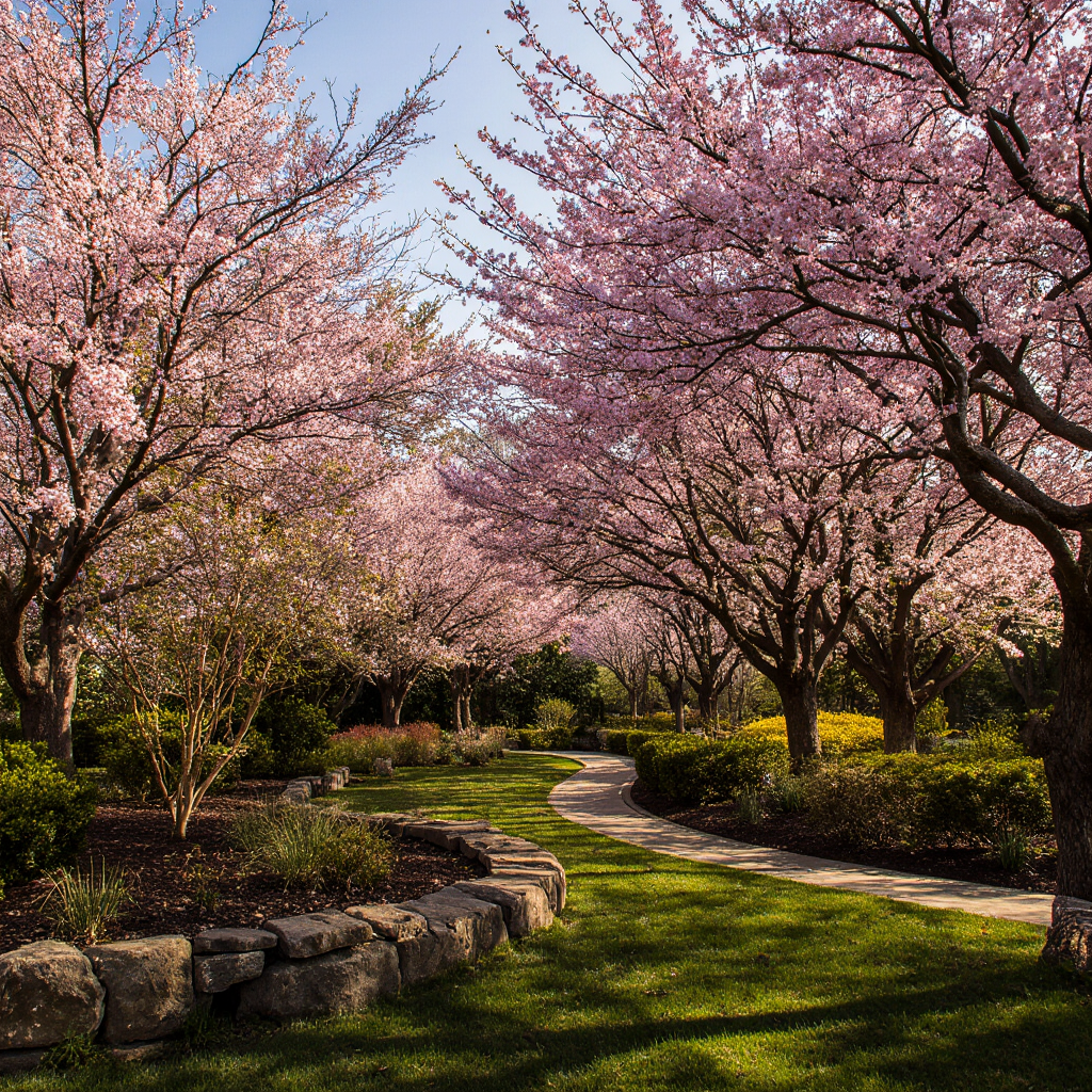Lush garden landscape filled with 15 stunning trees with pink flowers in full bloom.