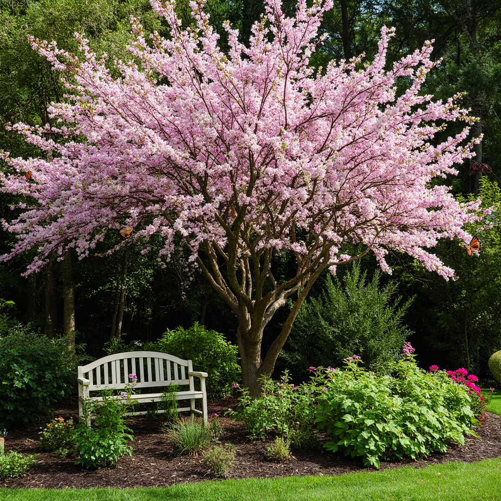 A garden landscape featuring trees with pink flowers in full bloom, attracting pollinators.
